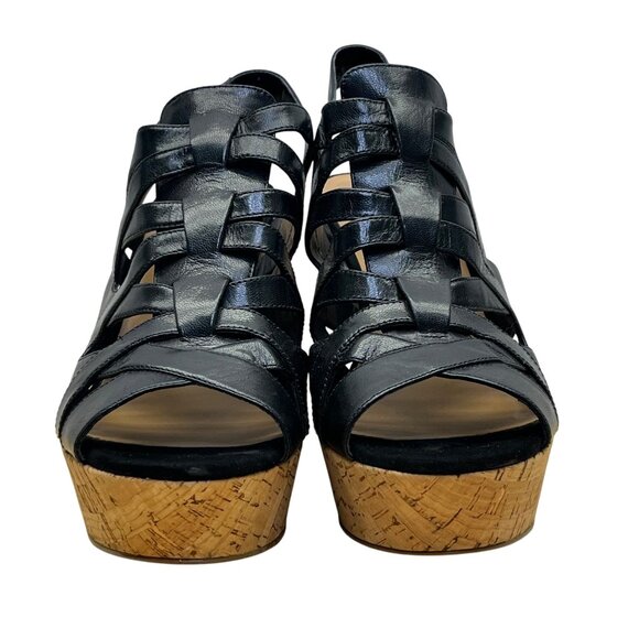 Nine West Women’s Black Leather Wedge Open Toe Josette Sandals Size 9M - Picture 2 of 9